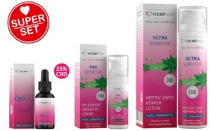 CBD Kosmetik Set Schweiz mit Hempjoy Gesichtscreme Koerperlotion und CBD Oel
