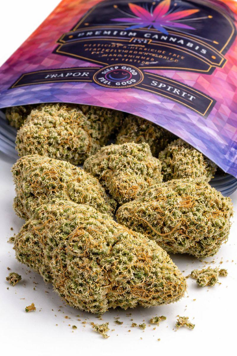 Mango Kush CBD Blüten aus der Verpackung in Nahansicht