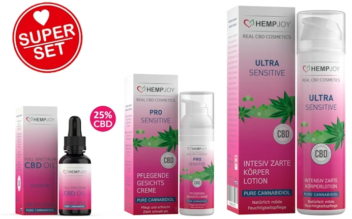 Hempjoy CBD Kosmetik Set mit CBD Öl, Gesichtscreme und Bodylotion
