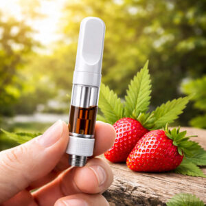 CBD Vape Strawberry Kartusche 0.5ml mit dunkelbraunem Liquid im Lifestyle Umfeld mit Erdbeeren
